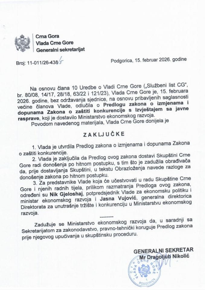 Predlog zakona o izmjenama i dopunama Zakona o zaštiti konkurencije s Izvještajem sa javne rasprave - Zaključci