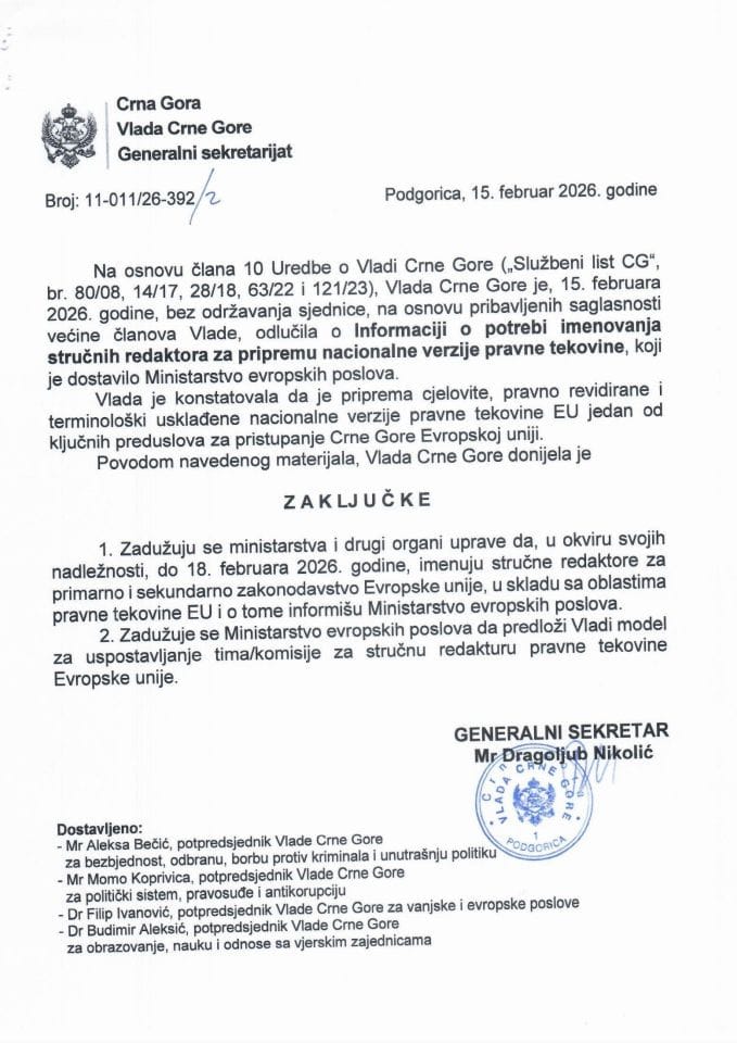Informacija o potrebi imenovanja stručnih redaktora za pripremu nacionalne verzije pravne tekovine - Zaključci