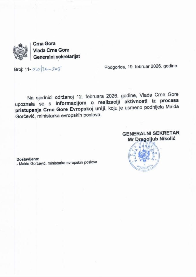 Usmena informacija o realizaciji aktivnosti iz procesa pristupanja Crne Gore Evropskoj uniji - Zaključci