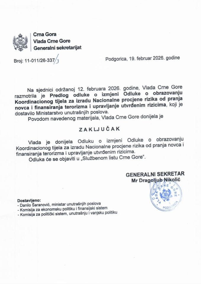 Predlog odluke o izmjeni Odluke o obrazovanju Koordinacionog tijela za izradu Nacionalne procjene rizika od pranja novca i finansiranja terorizma i upravljanje utvrđenim rizicima - Zaključci