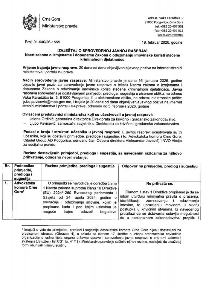 Izvještaj o sprovedenoj javnoj raspravi_Nacrt zakona o izmjenama i dopunama Zakona o oduzimanju imovinske koristi stečene kriminalnom djelatnošću