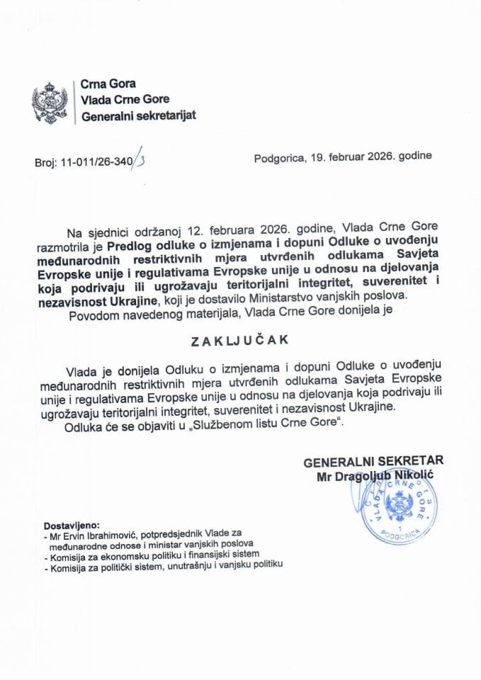 Predlog odluke o izmjenama i dopuni Odluke o uvođenju međunarodnih restriktivnih mjera utvrđenih odlukama Savjeta EU i regulativama EU u odnosu na djelovanja koja podrivaju ili ugrožavaju suverenitet i nezavisnost Ukrajine - Zaključci