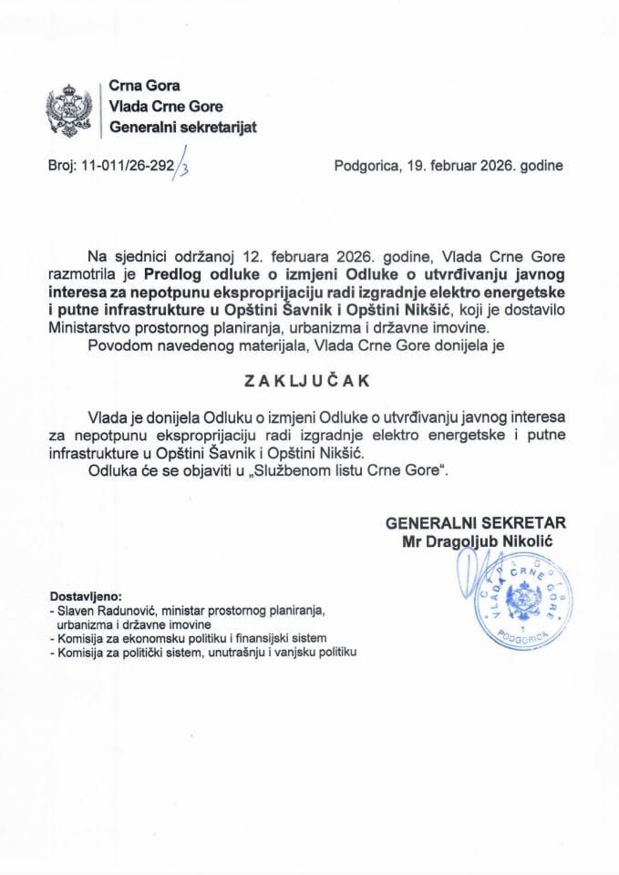 Predlog odluke o izmjeni Odluke o utvrđivanju javnog interesa za nepotpunu eksproprijaciju radi izgradnje elektro energetske i putne infrastrukture u Opštini Šavnik i Opštini Nikšić - Zaključci