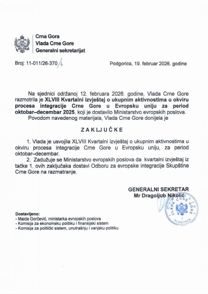 XLVIII Kvartalni izvještaj o ukupnim aktivnostima u okviru procesa integracije Crne Gore u Evropsku uniju za period oktobar - decembar 2025. - Zaključci