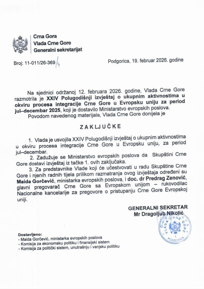XXIV Polugodišnji izvještaj o ukupnim aktivnostima u okviru procesa integracije Crne Gore u Evropsku uniju za period jul - decembar 2025. - Zaključci