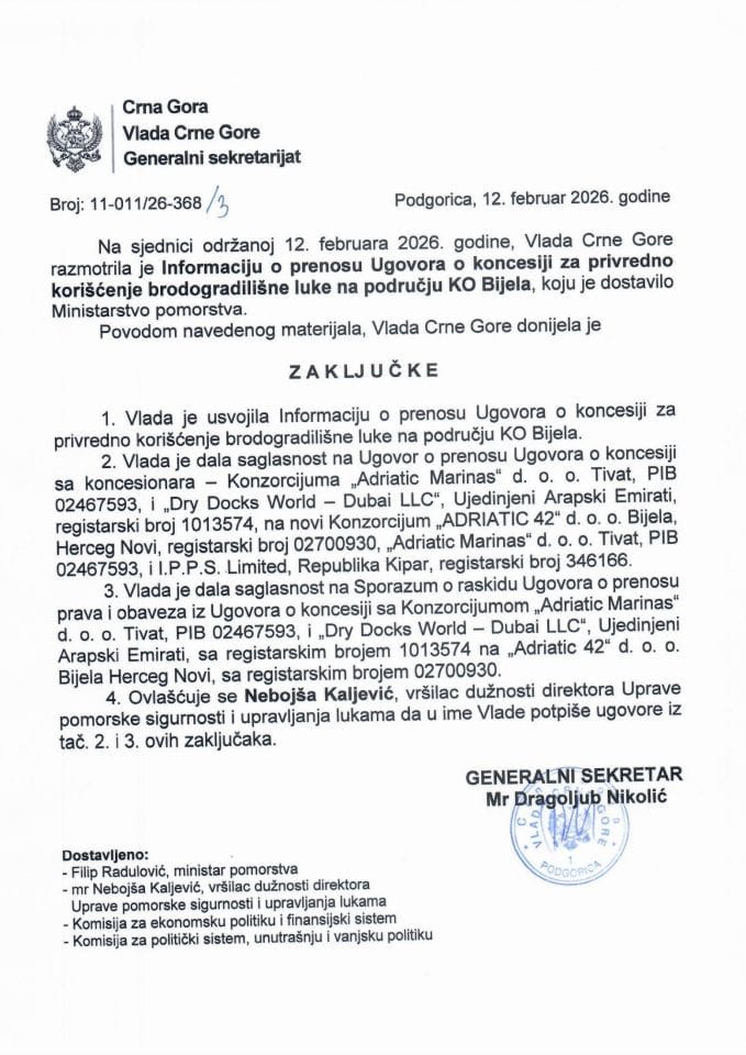 Informacija o prenosu Ugovora o koncesiji za privredno korišćenje brodogradilišne luke na području KO Bijela - Zaključci