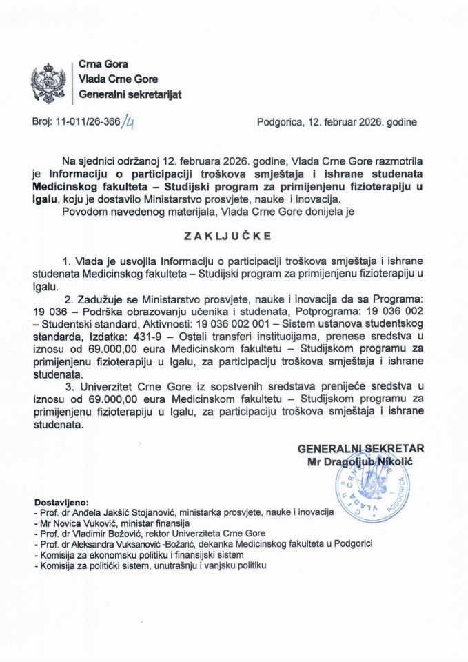 Informacija o participaciji troškova smještaja i ishrane studenata Medicinskog fakulteta – Studijski program za primijenjenu fizioterapiju u Igalu - Zaključci