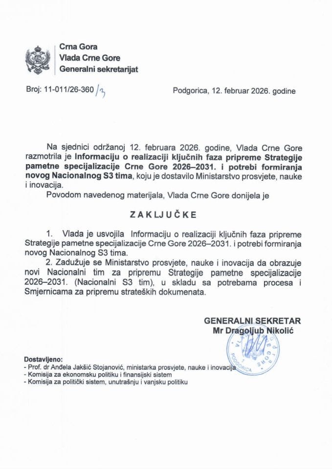 Informacija o realizaciji ključnih faza pripreme Strategije pametne specijalizacije Crne Gore 2026–2031 i potrebi formiranja novog Nacionalnog S3 tima - Zaključci