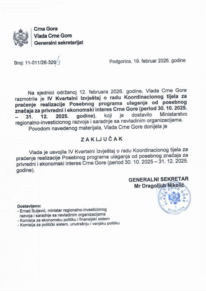 IV  Kvartalni Izvještaj o radu Koordinacionog tijela za praćenje realizacije Posebnog programa ulaganja od posebnog značaja za privredni i ekonomski interes Crne Gore (period 30.10.2025. - 31.12.2025. godine) - Zaključci