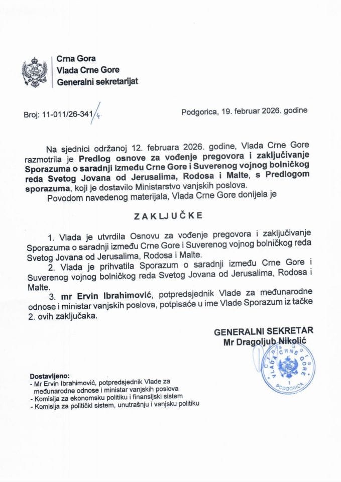 Predlog osnove za vođenje pregovora i zaključivanje Sporazuma o saradnji između Crne Gore i Suverenog vojnog bolničkog reda Svetog Jovana od Jerusalima, Rodosa i Malte s Predlogom sporazuma - Zaključci