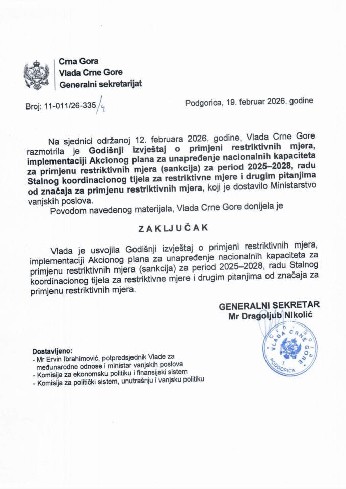 Godišnji izvještaj o primjeni restriktivnih mjera, implementaciji Akcionog plana za unapređenje nacionalnih kapaciteta za primjenu restriktivnih mjera (sankcija) za period 2025-2028 - Zaključci