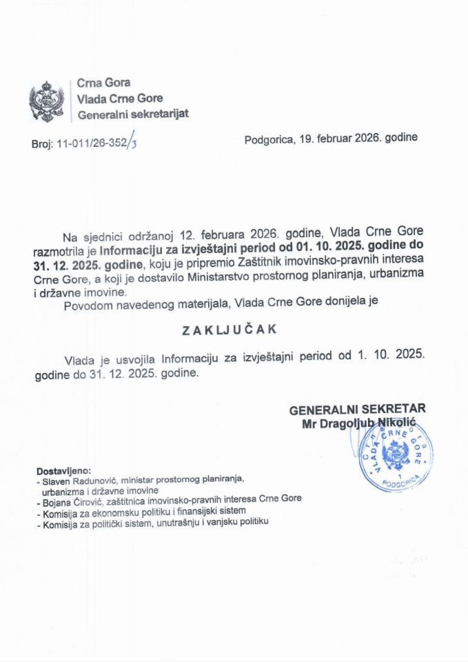 Informacija za izvještajni period od 01. 10. 2025. godine do 31. 12. 2025. godine koju je pripremio Zaštitnik imovinsko-pravnih interesa Crne Gore - Zaključci