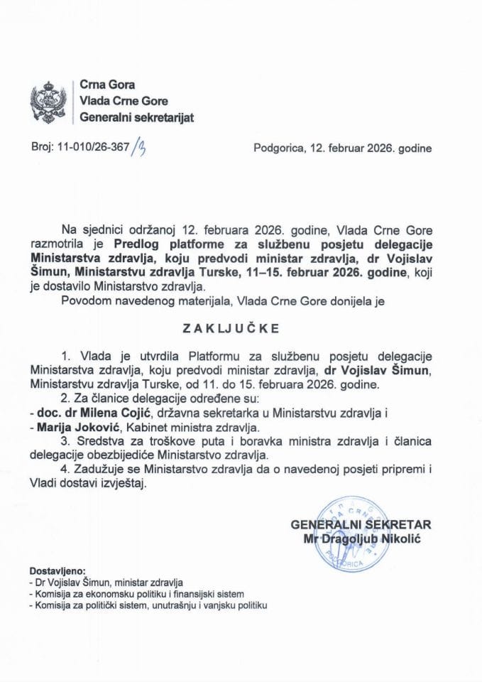 Predlog platforme za službenu posjetu delegacije Ministarstva zdravlja koju predvodi ministar zdravlja dr Vojislav Šimun, Ministarstvu zdravlja Republike Turske, 11 – 15. februar 2026. godine - Zaključci