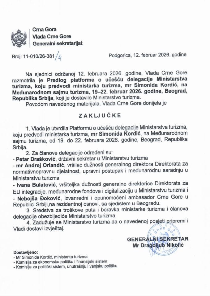 Predlog platforme o učešću delegacije Ministarstva turizma, koju predvodi ministarka turizma mr Simonida Kordić, na Međunarodnom sajmu turizma, 19-22. februar 2026. godine, Beograd, Republika Srbija - Zaključci