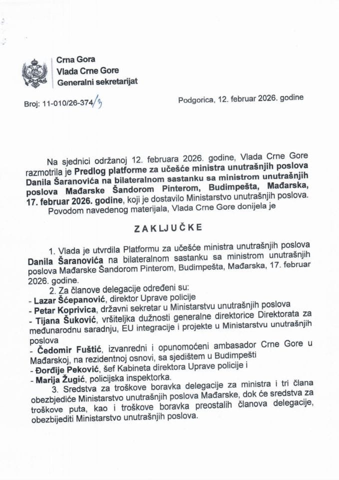 Predlog platforme za učešće ministra unutrašnjih poslova Danila Šaranovića na bilateralnom sastanku sa ministrom unutrašnjih poslova Mađarske Šandorom Pinterom, Budimpešta, Mađarska, 17. februar 2026. godine - Zaključci