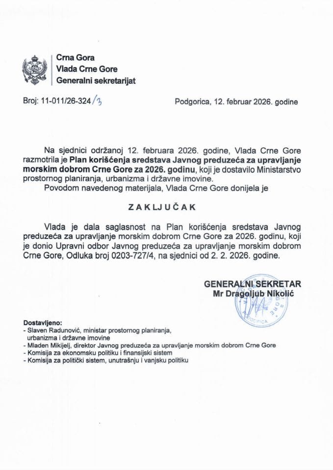 Plan korišćenja sredstava Javnog preduzeća za upravljanje morskim dobrom Crne Gore za 2026. godinu - Zaključci
