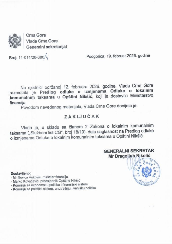 Predlog odluke o izmjenama Odluke o lokalnim komunalnim taksama u Opštini Nikšić - Zaključci