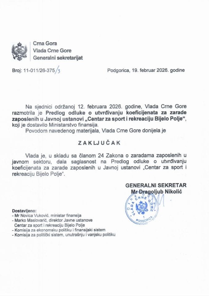 Predlog odluke o utvrđivanju koeficijenata za zarade zaposlenih u Javnoj ustanovi „Centar za sport i rekreaciju Bijelo Polje“ - Zaključci