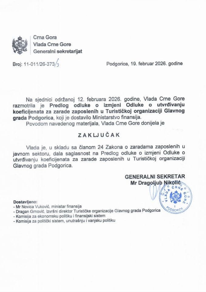Predlog odluke o izmjeni Odluke o utvrđivanju koeficijenata za zarade zaposlenih u Turističkoj organizaciji Glavnog grada Podgorica - Zaključci