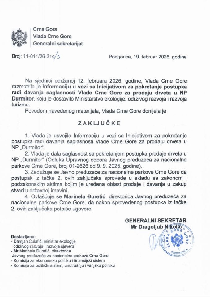 Informacija u vezi sa Inicijativom za pokretanje postupka radi davanja saglasnosti Vlade Crne Gore za prodaju drveta u NP Durmitor - Zaključci