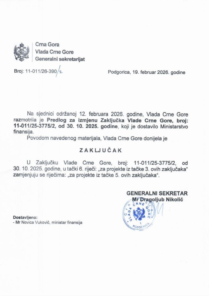 Predlog za izmjenu Zaključka Vlade Crne Gore, broj: 11-011/25-3775/2 od 30. oktobra 2025. godine - Zaključci