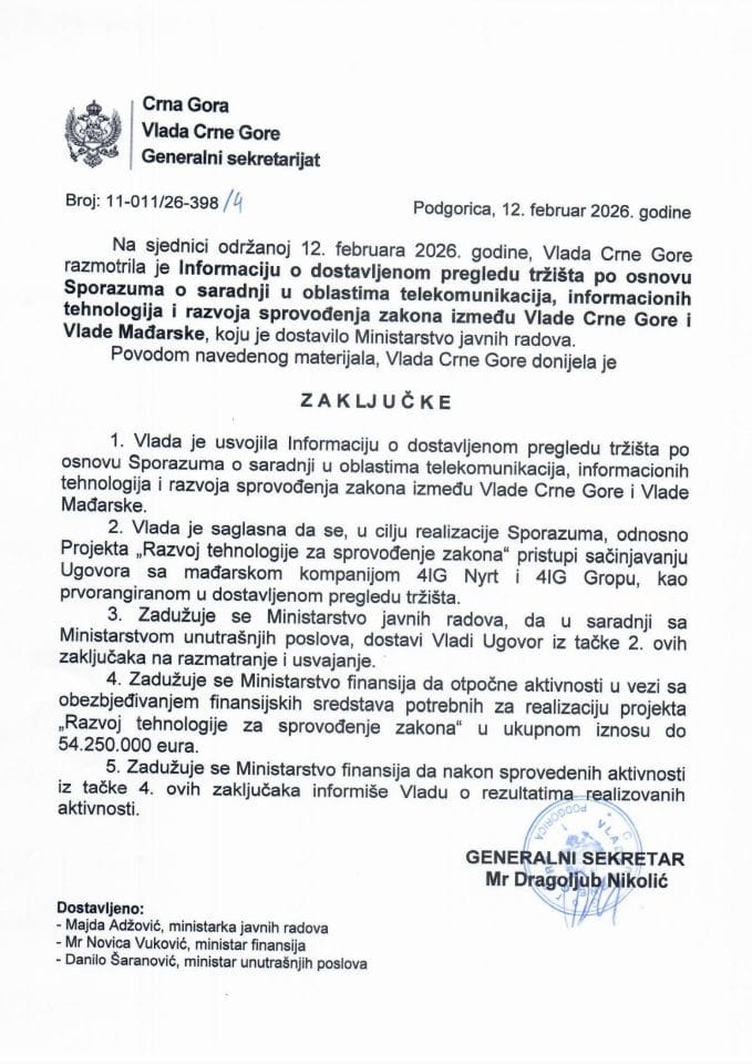 Informacija o dostavljenom pregledu tržišta po osnovu Sporazuma o saradnji u oblastima telekomunikacija, informacionih tehnologija i razvoja sprovođenja zakona između Vlade Crne Gore i Vlade Mađarske - Zaključci