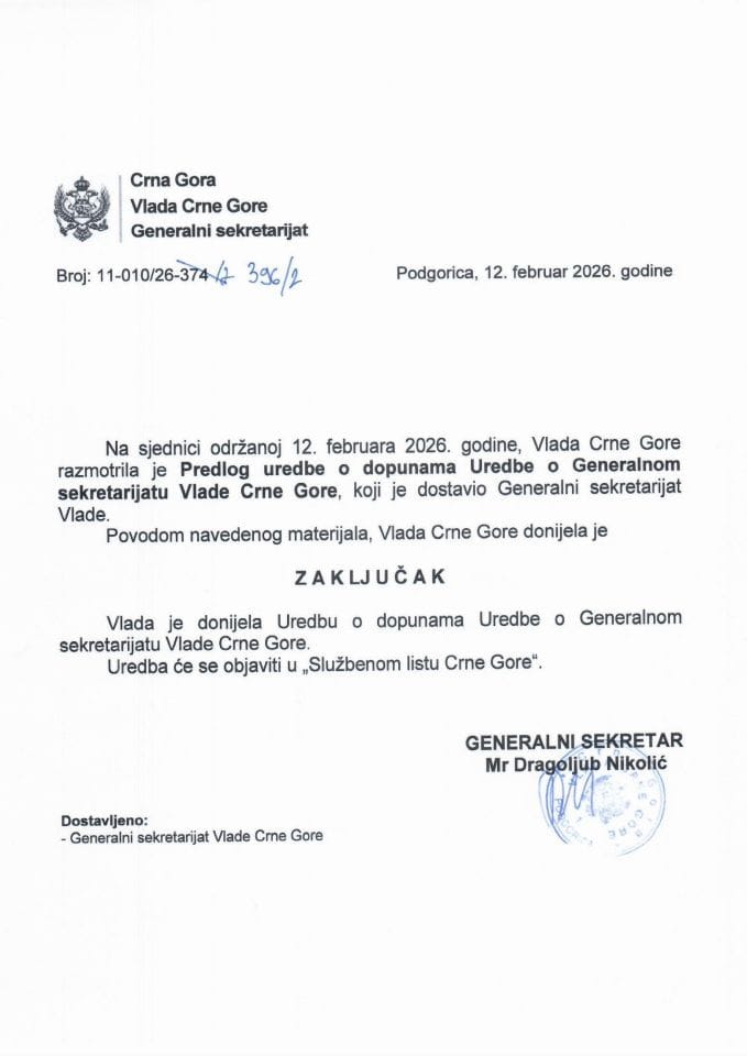 Predlog uredbe o dopunama Uredbe o Generalnom sekretarijatu Vlade Crne Gore - Zaključci