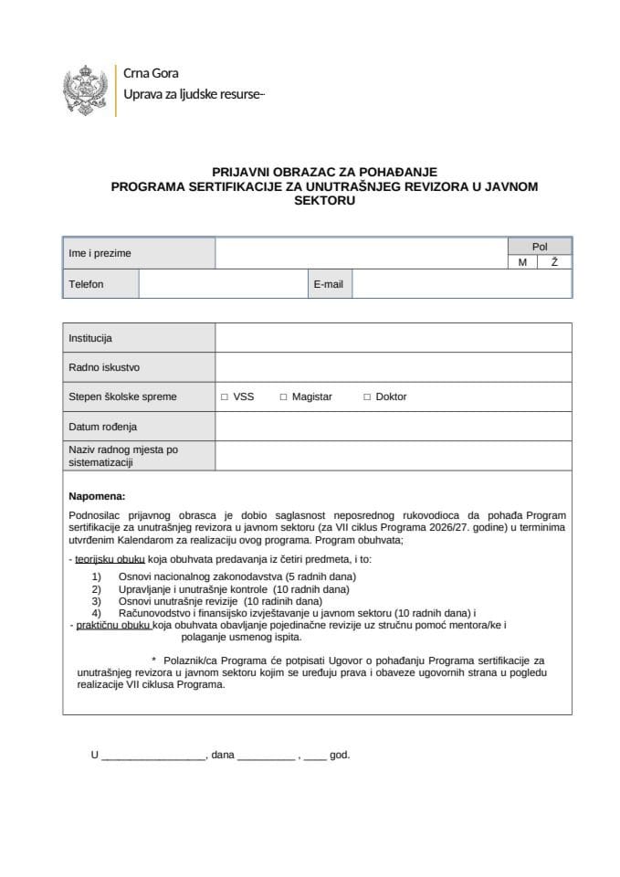 Prijavni obrazac polaznici