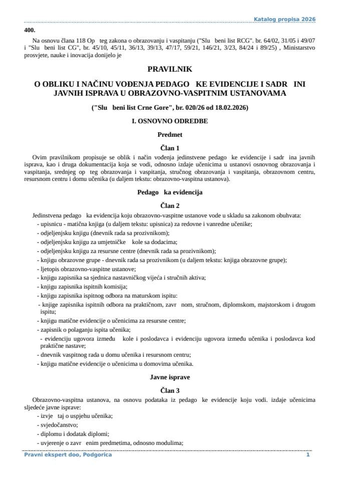Pravilnik o obliku i nacinu vodjenja pedagoske evidencije i sadrzini javnih isprava u obrazovno-vaspitnim ustanovama