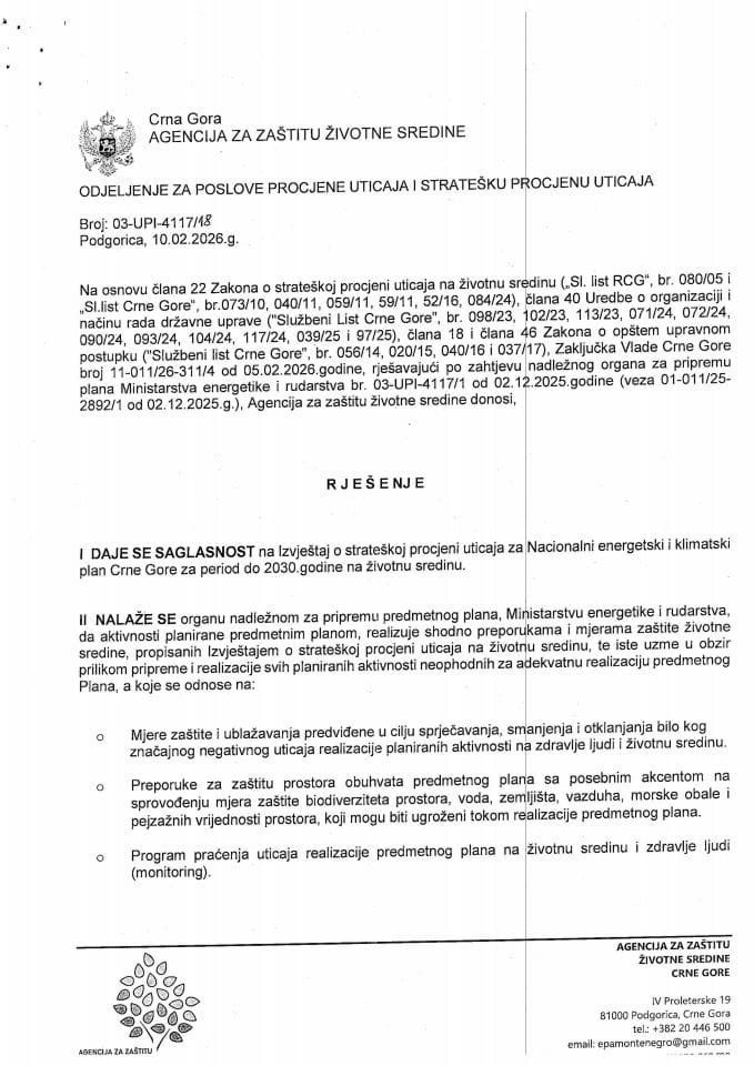 Rješenje o davanaju saglasnosti na Izvještaj o Strateškoj procjeni uticaja na životnu sredinu za Nacionalni energetski i klimatski plan Crne Gore