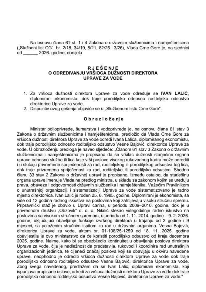 Predlog za određivanje vršioca dužnosti direktora Uprave za vode