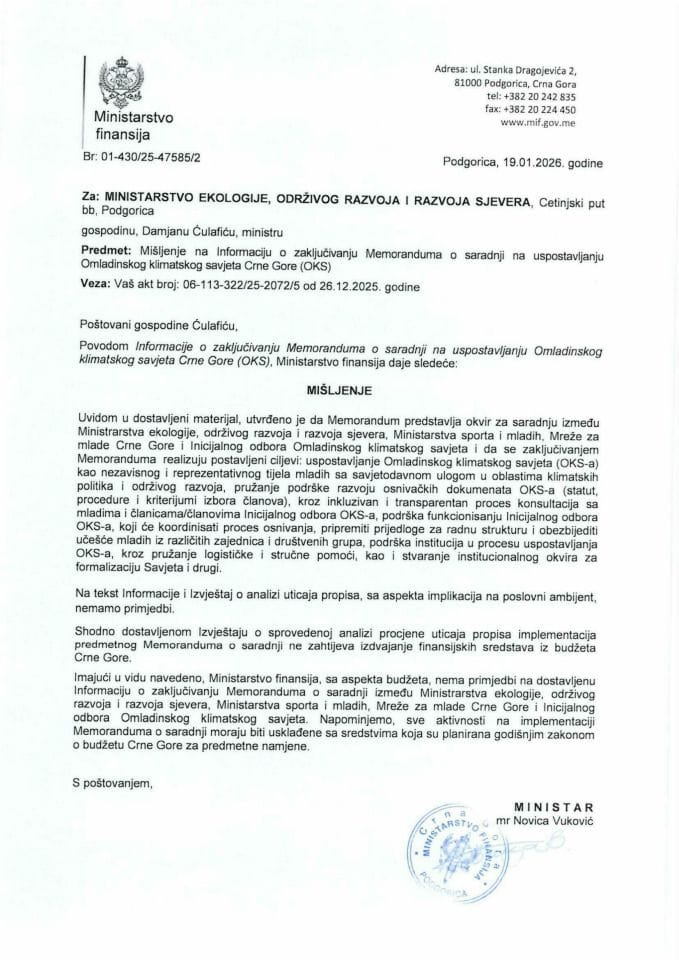 Mišljenje na Informaciju o zaključivanju Memoranduma o saradnji na uspostavljanju Omladinskog klimatskog savjeta Crne Gore (OKS)