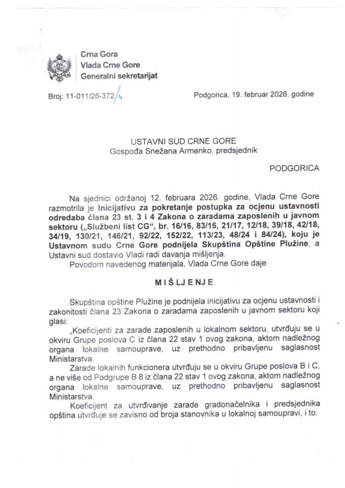 Predlog mišljenja na Inicijativu za pokretanje postupka za ocjenu ustavnosti odredaba člana 23 st. 3 i 4 Zakona o zaradama zaposlenih u javnom sektoru, koju je podnijela Skupština Opštine Plužine - Zaključci