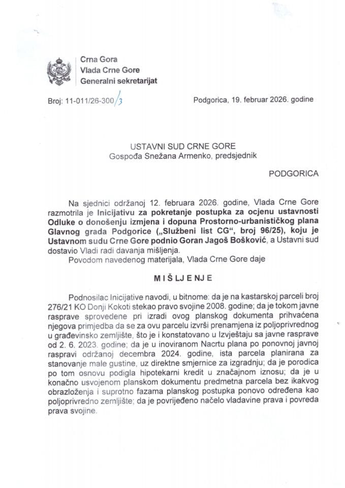 Predlog mišljenja na Inicijativu za pokretanje postupka za ocjenu ustavnosti i zakonitosti Odluke o donošenju Izmjena i dopuna Prostorno-urbanističkog plana Glavnog grada Podgorice, koju je podnio Goran Jagoš Bošković, iz Podgorice