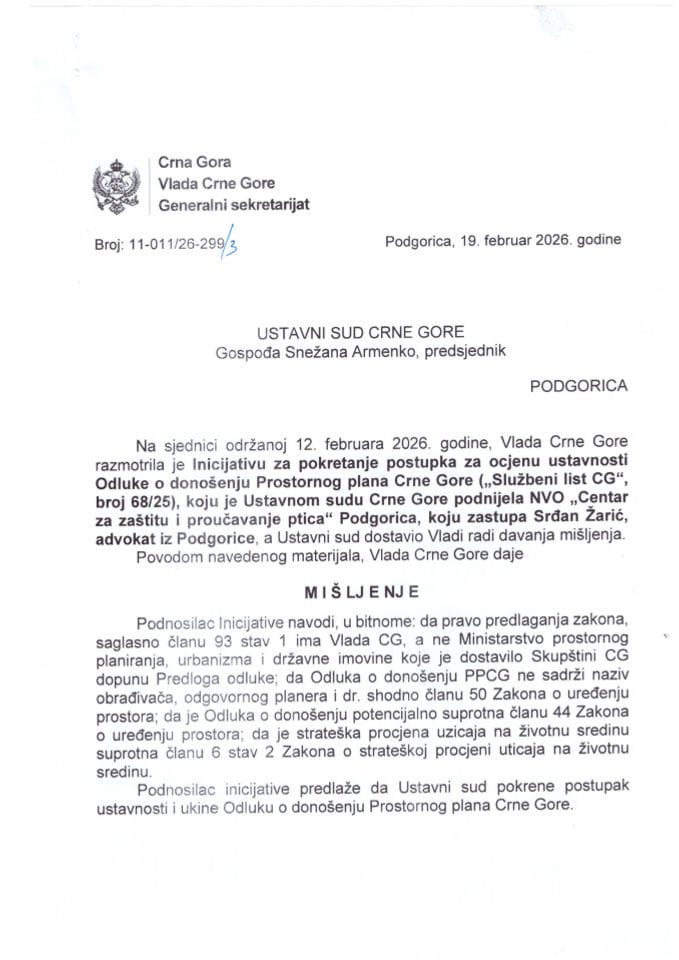 Predlog mišljenja na Inicijativu za pokretanje postupka za ocjenu ustavnosti Odluke o donošenju Prostornog plana Crne Gore („Službeni list CG“, broj 68/25), koju je podnijela NVO „Centar za zaštitu i proučavanje ptica“, Podgorica - Zaključci