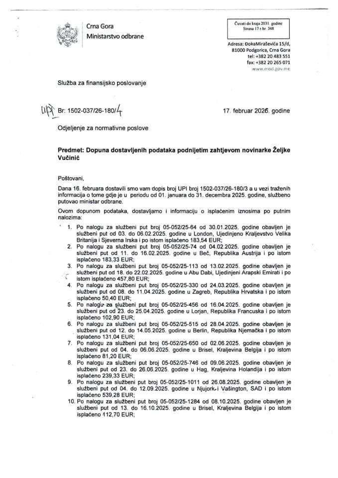 Inf.  po Rješenju UPI broj: 12-037/26-180/5