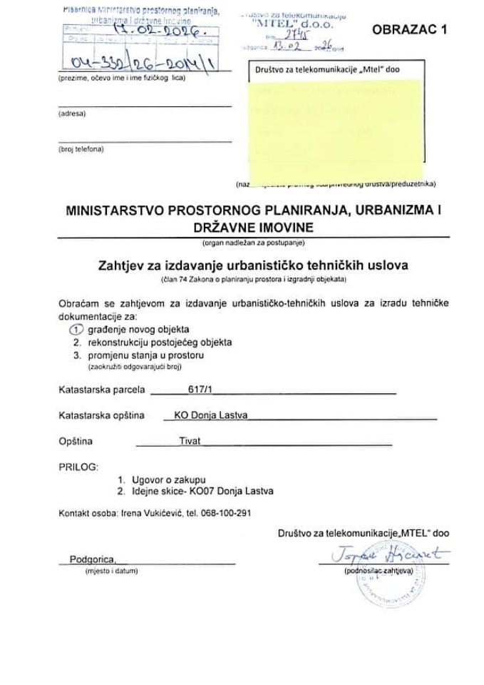 Zahtjevi za izdavanje urbanističko tehničkih uslova - 04-332-26-2014-1 MTEL