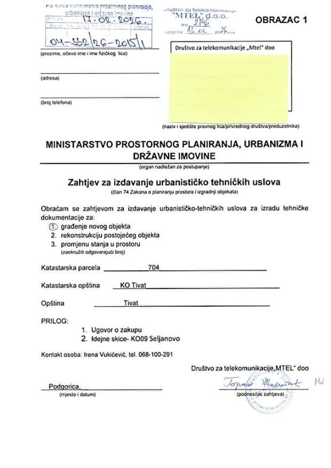 Zahtjevi za izdavanje urbanističko tehničkih uslova - 04-332-26-2015-1 MTEL