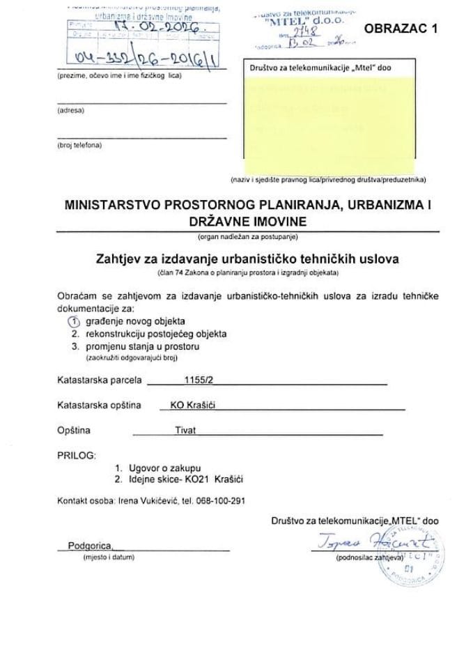 Zahtjevi za izdavanje urbanističko tehničkih uslova - 04-332-26-2016-1 MTEL