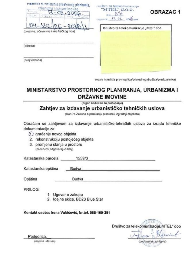 Zahtjevi za izdavanje urbanističko tehničkih uslova - 04-332-26-2018-1 MTEL