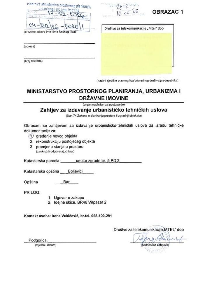 Zahtjevi za izdavanje urbanističko tehničkih uslova - 04-332-26-2020-1 MTEL