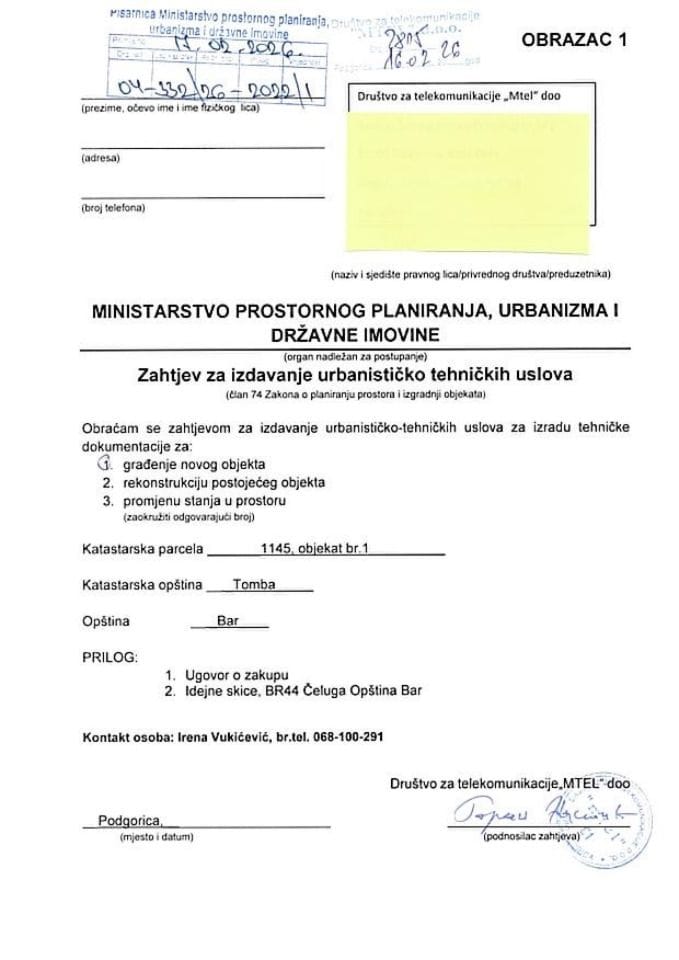 Zahtjevi za izdavanje urbanističko tehničkih uslova - 04-332-26-2022-1 MTEL