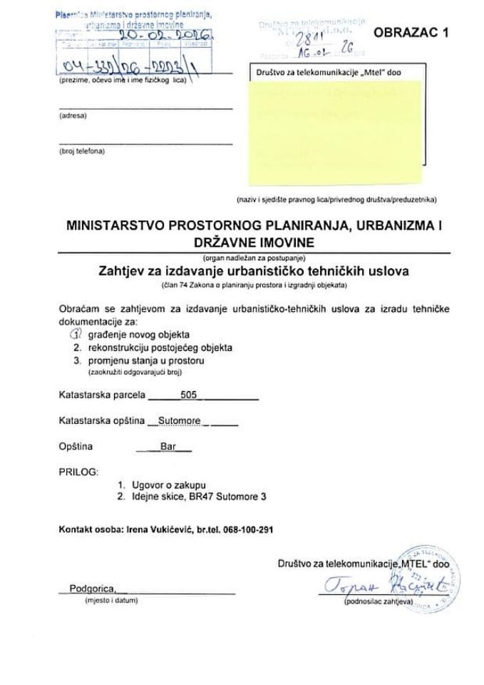 Zahtjevi za izdavanje urbanističko tehničkih uslova - 04-332-26-2223-1 MTEL