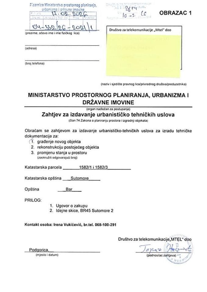 Zahtjevi za izdavanje urbanističko tehničkih uslova - 04-332-2021-1 MTEL