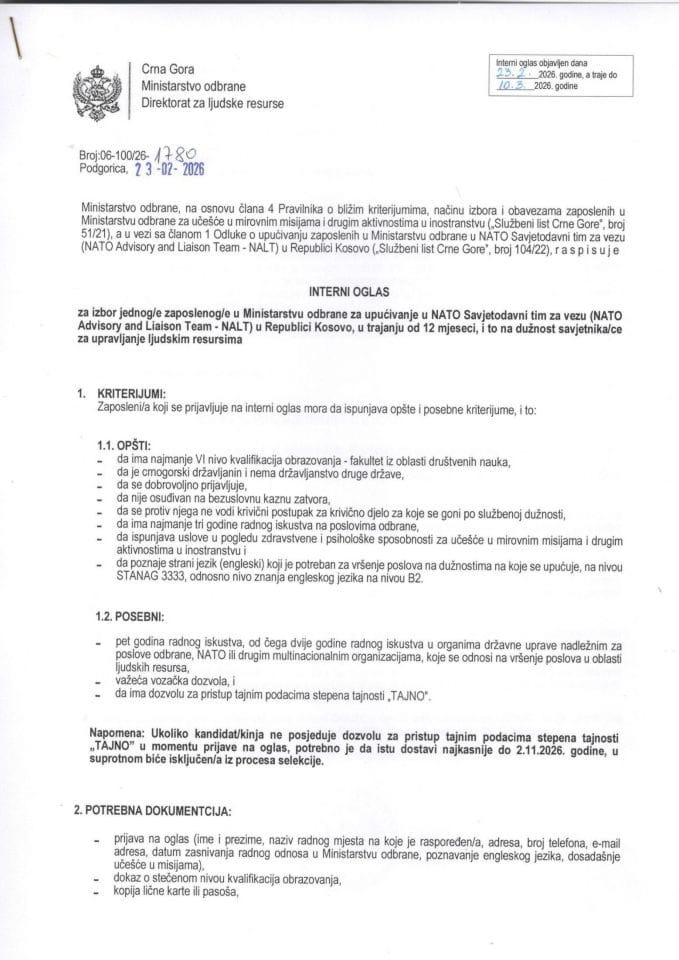 Interni oglas- upućivanje u NATO  Savjetodavni tim za vezu