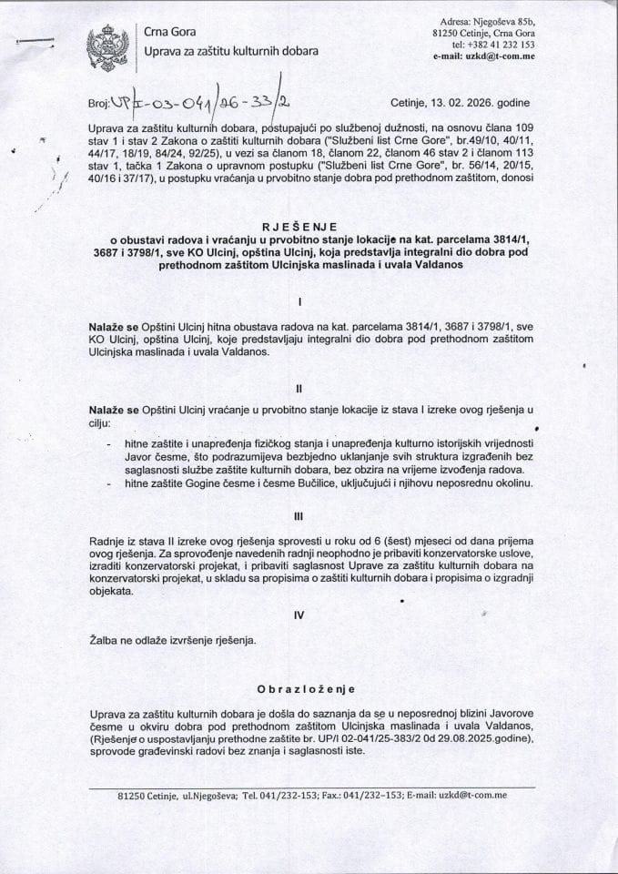 Rješenje o vraćanju u prvobitno stanje UP-I-03-041-26-33-2 od 13.02.2026.