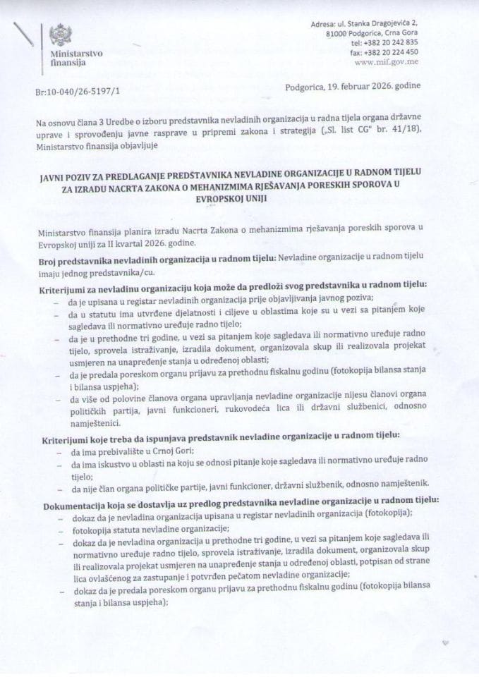 Javni poziv za predlaganje predstavnika nevladine organizacije u radnom tijelu za izradu Nacrta Zakona o mehanizmima rješavanja poreskih sporova u Evropskoj Uniji