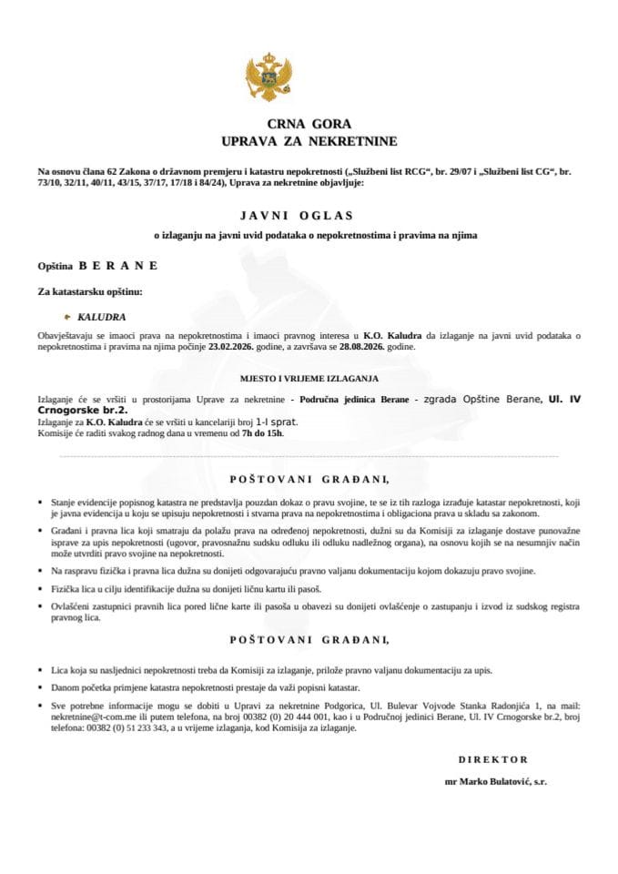 Javni oglas Kaludra -23.02.2026