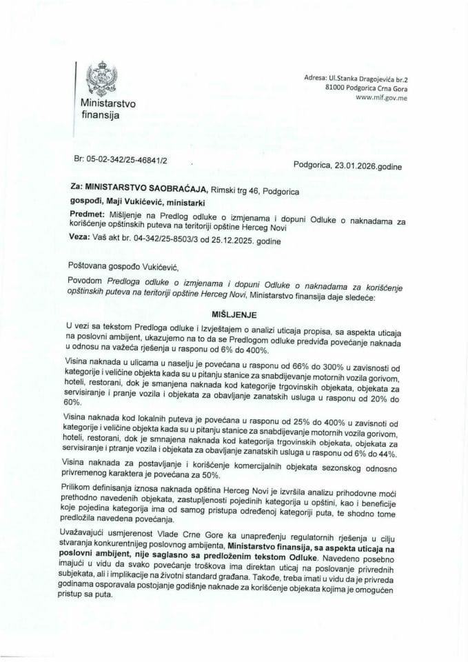 Mišljenje na Predlog odluke o izmjenama i dopuni Odluke o naknadama za korišćenje opštinskih puteva na teritoriji opštine Herceg Novi