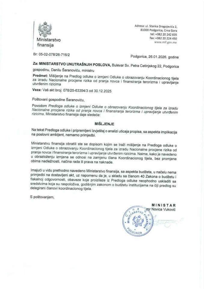 Mišljenje na Predlog odluke o izmjeni Odluke o obrazovanju Koordinacionog tijela za izradu Nacionalne procjene rizika od pranja novca i finansiranja terorizma i upravljanje utvrđenim rizicima
